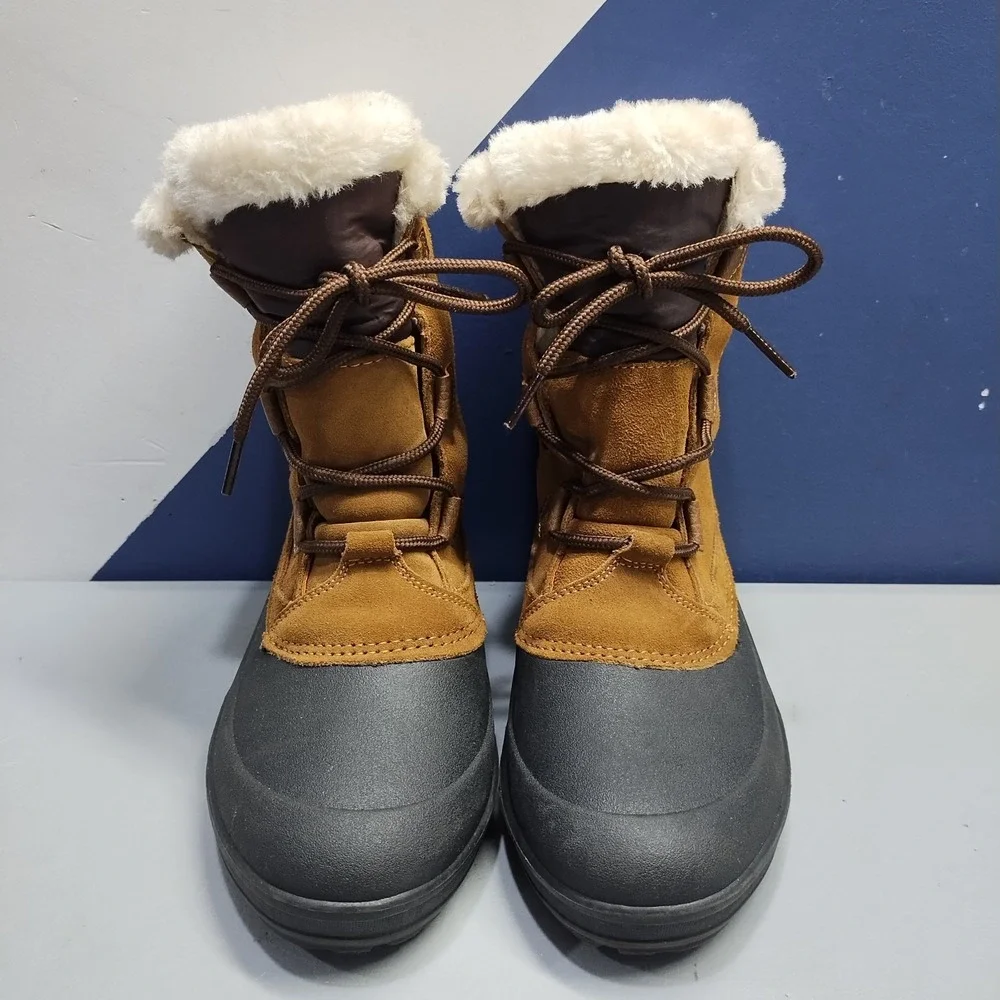 Lands' End Winter Boots Womens US 9B Brown Black Quilted Faux Fur Lined Lace Up